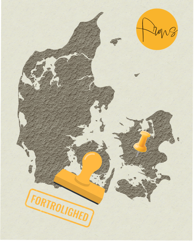 Illustration af et danmarkskort med en kortnål i Fuglebjerg og et gult stempel med teksten 'fortrolighed', som viser FRØNS' geografiske dækning og fokus på tryghed.